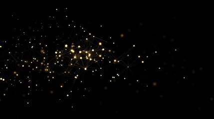 Abstract network of golden particles on black background