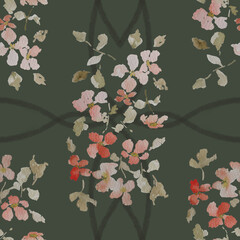 Floral seamless pattern created from a watercolor painting, with bouquets of flowers on a green background with green lace details	