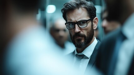 A well-dressed man with glasses displays a focused and intense expression while surrounded by blurred faces, evoking feelings of tension and introspection in a professional context.