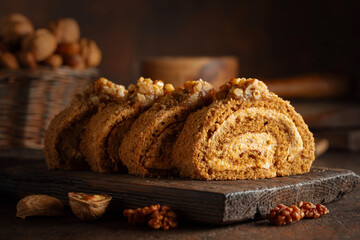 Walnut and buttercream roll: a traditional Oriental pastry.