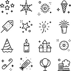 Vector Line Art Icons of Fireworks and Celebration Elements in Minimal Style
