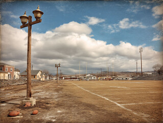 Vintage town football field under vast skies