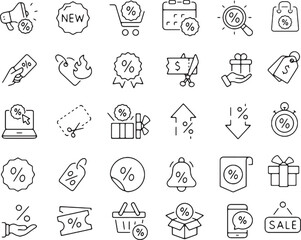 Hand-drawn doodle business icons set with black vector sketches and cartoon style symbols, discount icon