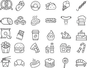 A set of hand-drawn food and drink icons, including coffee cake, pizza, and ice cream