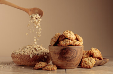Oatmeal cookies on a beige background.