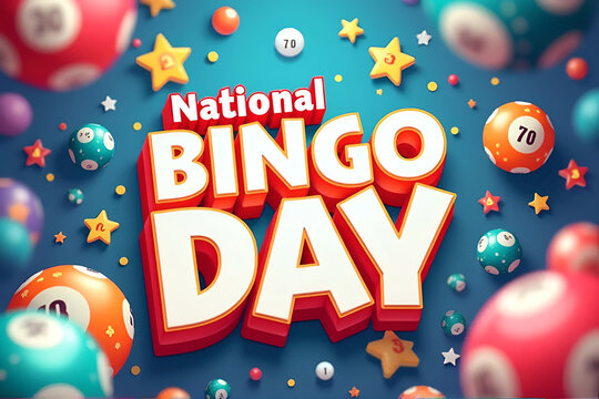 Happy National Bingo Day Text with Colorful Bingo Balls Isolated on Background