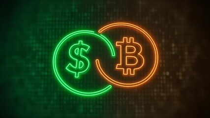 Neon currency exchange symbols on binary code background - Powered by Adobe