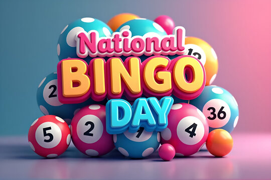 Happy National Bingo Day Text with Colorful Bingo Balls Isolated on Background

