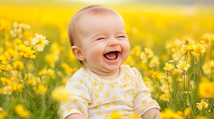 A joyful baby laughs amidst a vibrant field of yellow flowers, capturing the essence of happiness, innocence, and the beauty of nature in a serene setting.