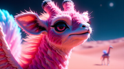 Pink giraffe camel On a desert pink planet