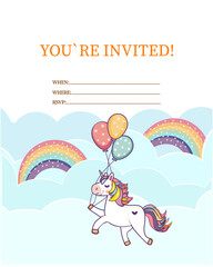 vector event invitation magical unicorn and rainbows card