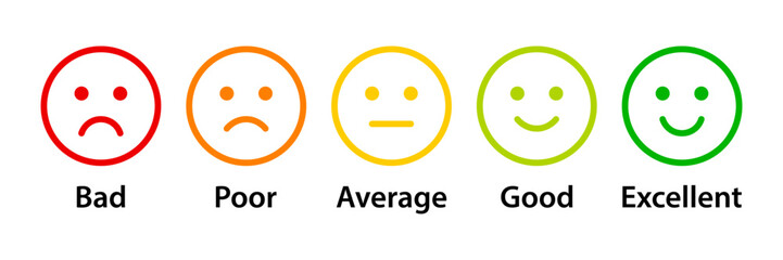 Feedback emoticons. Bad, poor, average, good and excellent rating emoji icon set
