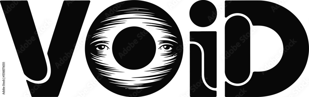 Poster the word void in black with an eye in the o on a white background in a graphic design style