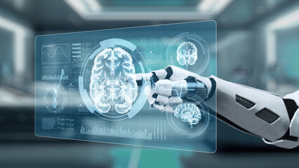 Close up of robotic hand pointing and tapping at brain hologram with blur laboratory background....