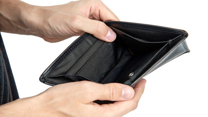 Empty black wallet in male hands isolated on transparent background