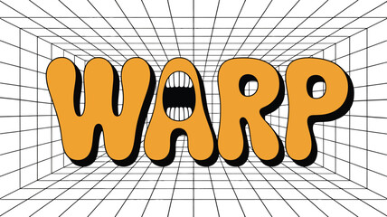 The word warp in orange with a mouth in the a on a white grid background with perspective lines