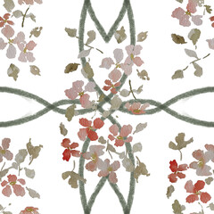 Floral seamless pattern created from a watercolor painting, with bouquets of flowers on a white background with green lace details	