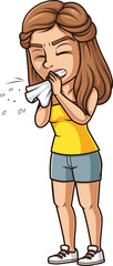 Cartoon woman sneezing into tissue vector illustration