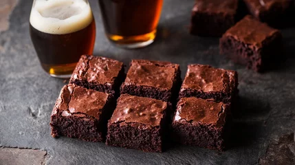 Fototapete Indulge in the rich decadence of chocolate brownies paired with a refreshing beer. This delightful combination is perfect for gatherings, dessert lovers, and food enthusiasts alike! © Maria Mikhaylichenko