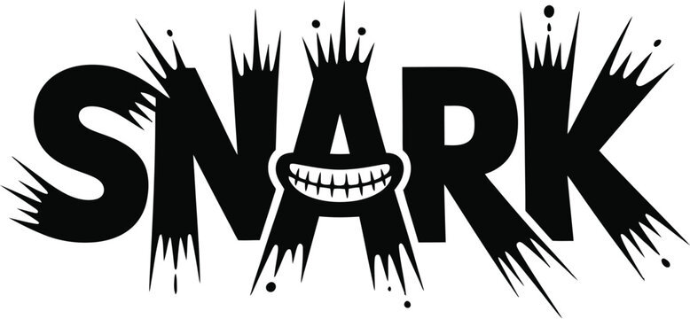 Black snark text with smiling mouth and sharp edges on a light gray background illustration