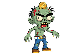 Aggressive Zombie Cartoon Character with Bitcoin on Head  A Spooky Illustration of Financial Horror