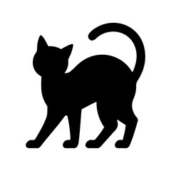 Silhouette of a black cat standing with its tail curved upwards on a white background in a simple design