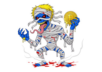 Blue Zombie Mummy Grasping Melted Golden Bitcoin Digital Currency, Cryptocurrency, Horror, Halloween, Fantasy Illustration