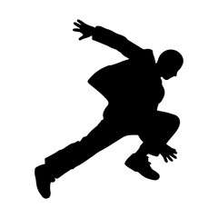 Silhouette of a man in mid air with outstretched arms and legs wearing a jacket and pants on white