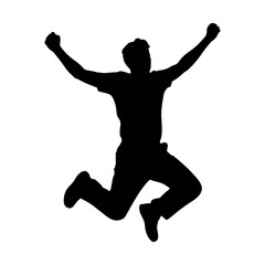 Silhouette of a man jumping with arms raised in celebration against a white background showing joy