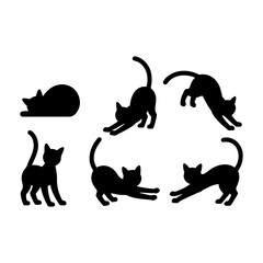 Silhouette illustration showing a collection of cats in various stretching and resting poses on white