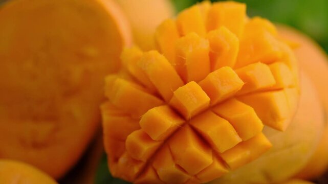 Mango tropical fruit with green leaf, Ripe mango in grass closeup