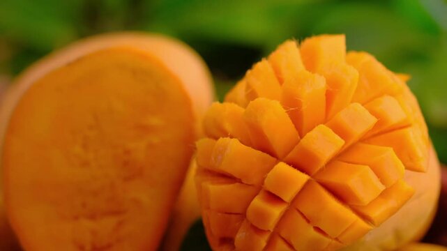 Mango tropical fruit with green leaf, Ripe mango in grass closeup