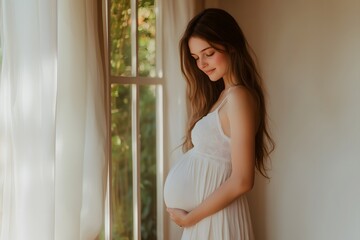 Pregnant woman in white dress by window, Soft natural light, Maternity portrait with gentle expression, Modern motherhood, Minimalistic home interior, Copy space for text

