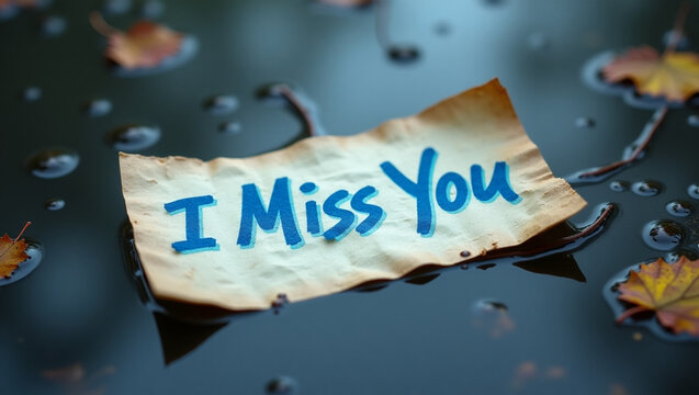 i miss you text at paper submerged in rain
