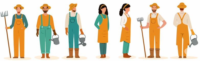Diverse group of farmers in overalls with tools and watering cans