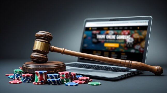 Gavel beside laptop and poker chips, symbolizing legal issues with online gambling, law enforcement, and risky illegal bets