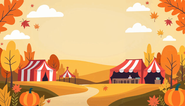 Colorful autumn festival scene with striped tents and pumpkins  