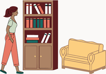 Fototapeta premium Woman walking past a bookshelf and a comfortable yellow armchair