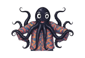 Cartoon Octopus Wearing a Colorful Shirt on a Black Background