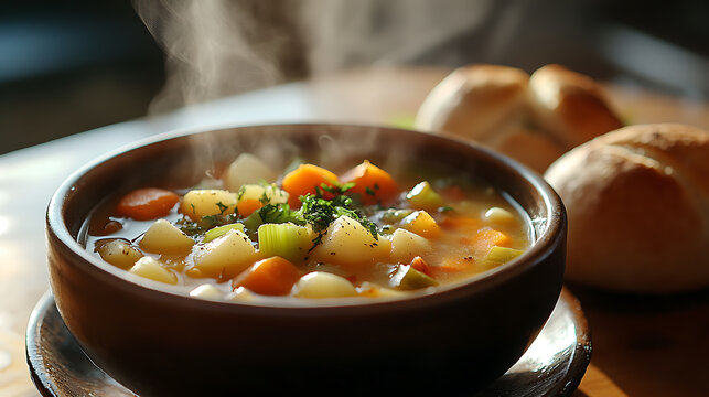 Steaming Vegetable Soup in a Ceramic Bowl with Fresh Bread Rolls - Powered by Adobe