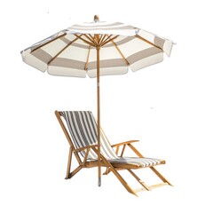 Striped beach chair and umbrella isolated on white background