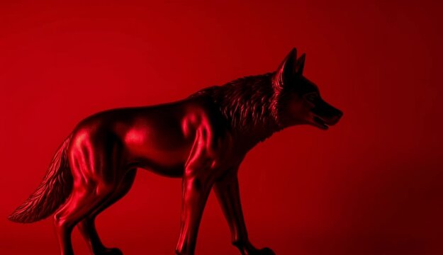 Red wolf sculpture in profile against a dramatic red backdrop  