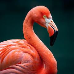Fototapeta na wymiar A stunning close-up of a pink flamingo highlights its vibrant plumage, long neck, and distinctive yellow eye against a dark background