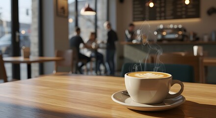 Aromatic Latte Art Coffee in Sunny Cafe Setting with Blurred Background People Enjoying Drinks and Conversation