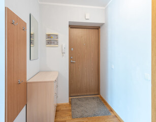 Modern Home Interior Entryway With Minimalist Furniture and Wooden Door Design