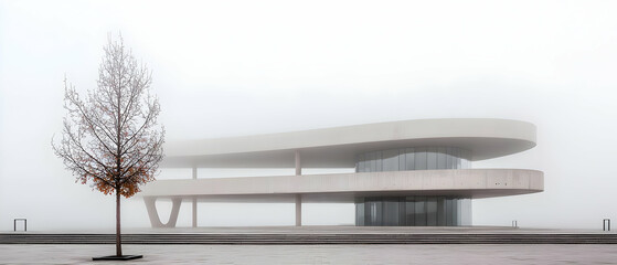 Modern Concrete Building In Foggy Weather