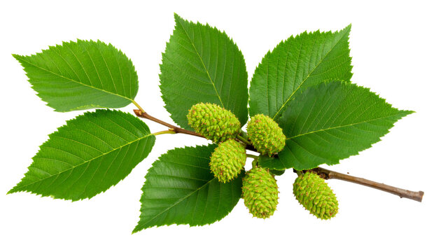 Alder tree branch displaying verdant foliage and dangling cones against transparent backdrop, highlighting botanical details