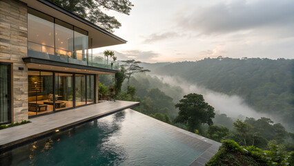 Fototapeta premium Une villa de luxe avec une piscine à débordement suspendue surplombant une vallée de forêt tropicale