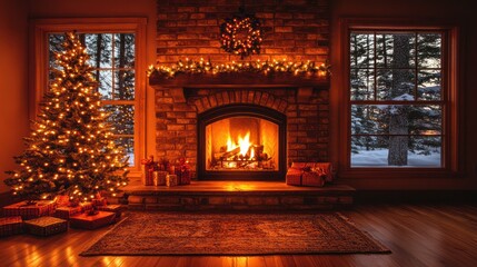 Cozy Christmas fireplace scene with a small tree