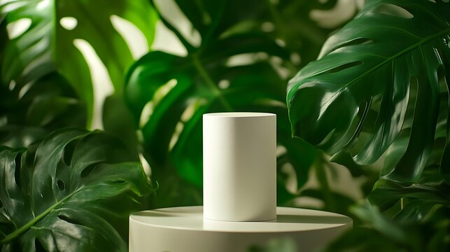 Minimal white cosmetic bottle surrounded by tropical monstera leaves natural skincare product branding image
